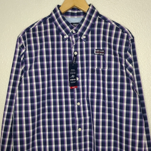 NWT Chaps Men's Medieval Blue Multi Windowpane Stretch Button Down Shirt Size M - Picture 3 of 15